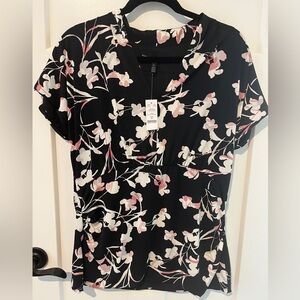 NWT White House Black Market Fitted Black and Pink Floral Blouse